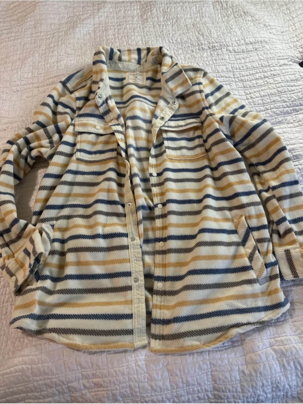 Striped Cozy Fleece Vest/Shacket - Cream, Navy & Mustard